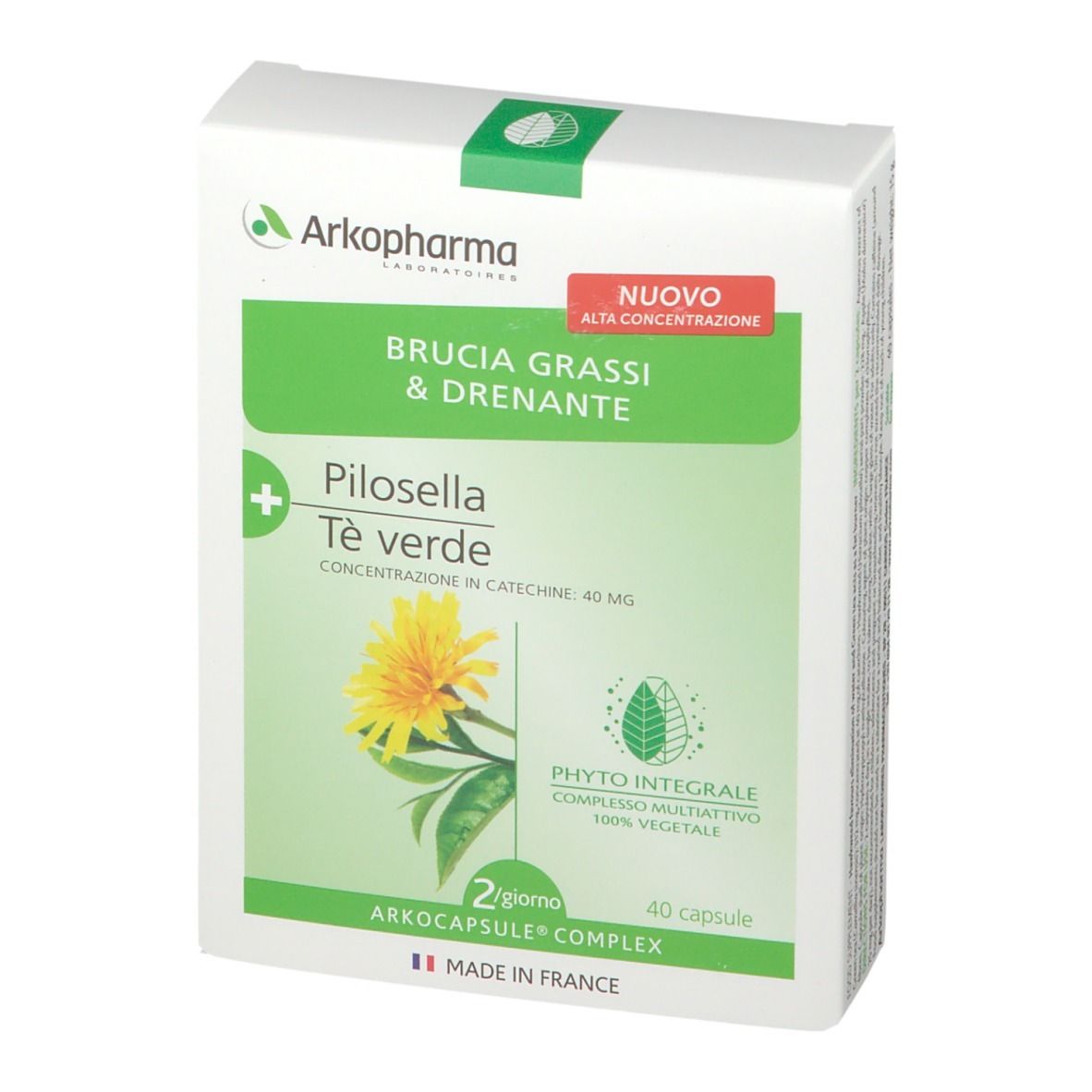 Scatola bianca e verde in diagonale. Scritta: Brucia Grassi & Drenante, Piloseila, Tè verde. 40 capsule. Nuovo prodotto.