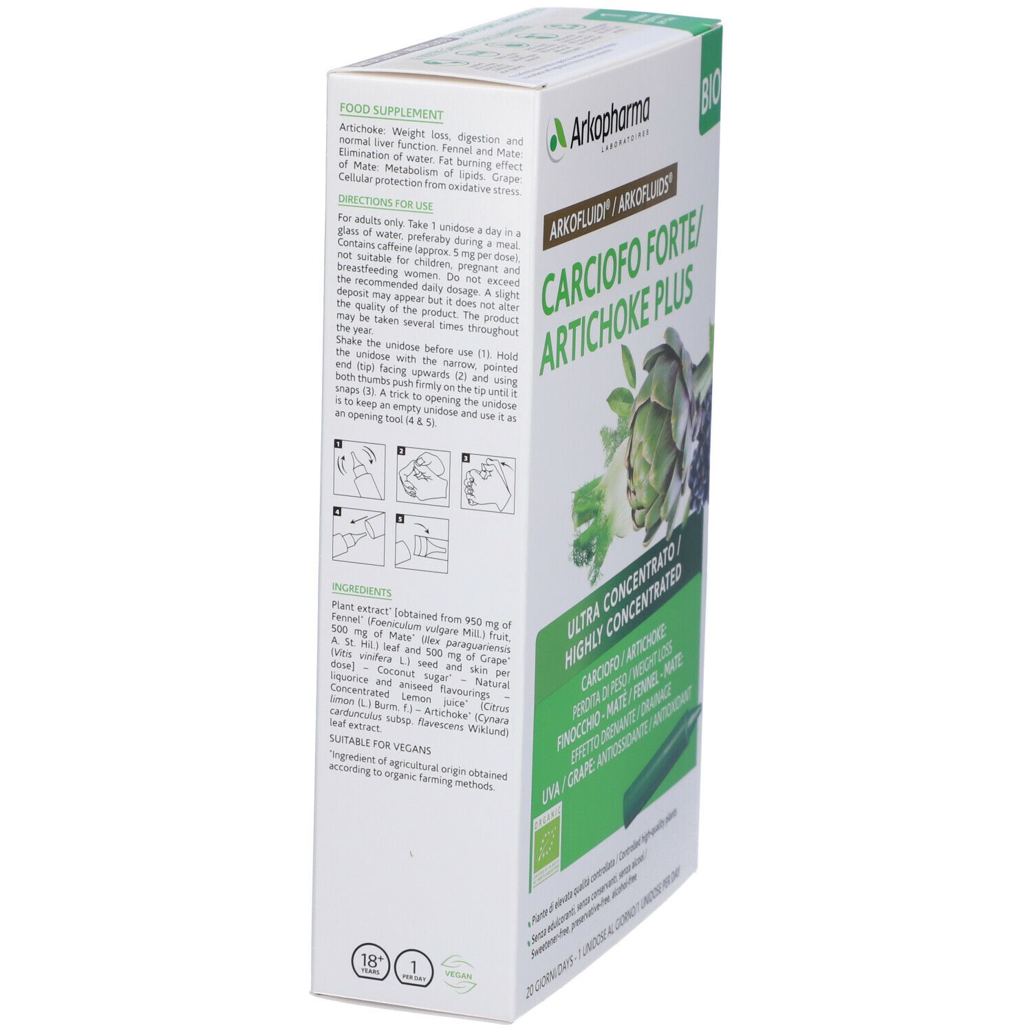 Vista laterale di una scatola con testo e illustrazioni. Contiene informazioni e istruzioni. Scritta: Carciofo Forte/Artichoke Plus, Bio.