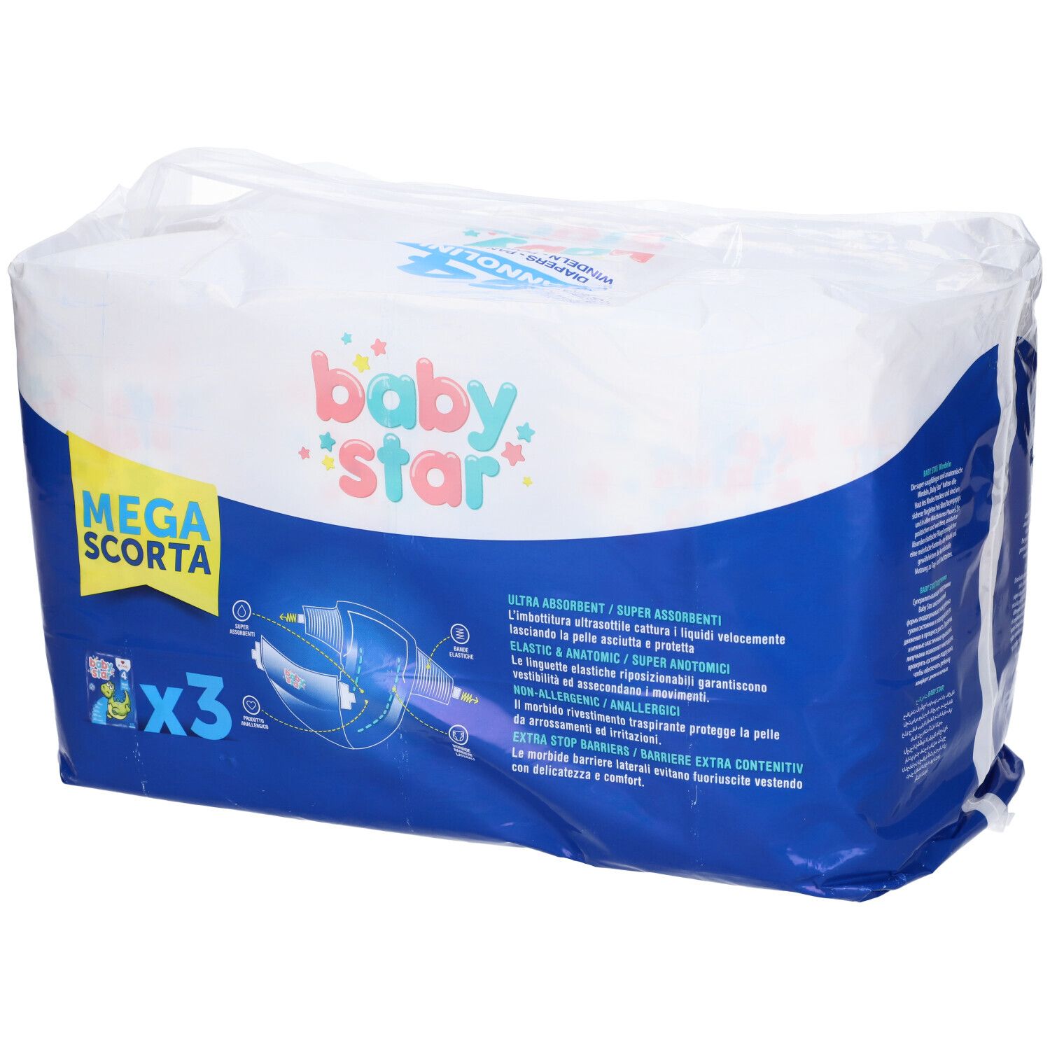 Confezione di 54 pannolini Babystar, taglia 4. Scritta Mega Scorta e illustrazione.
