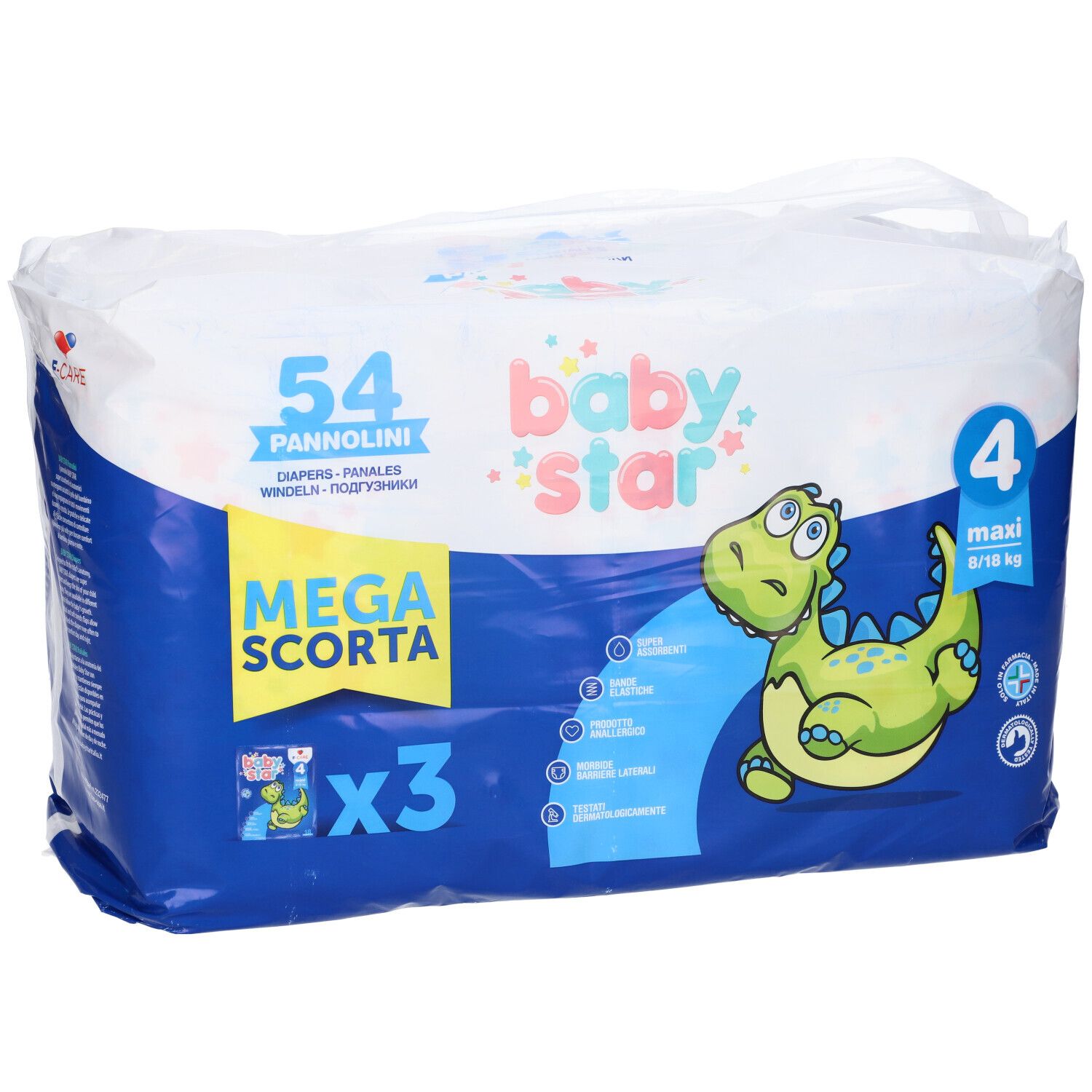 Confezione di 54 pannolini Babystar, taglia 4. Scritta Mega Scorta e illustrazione di dinosauro.
