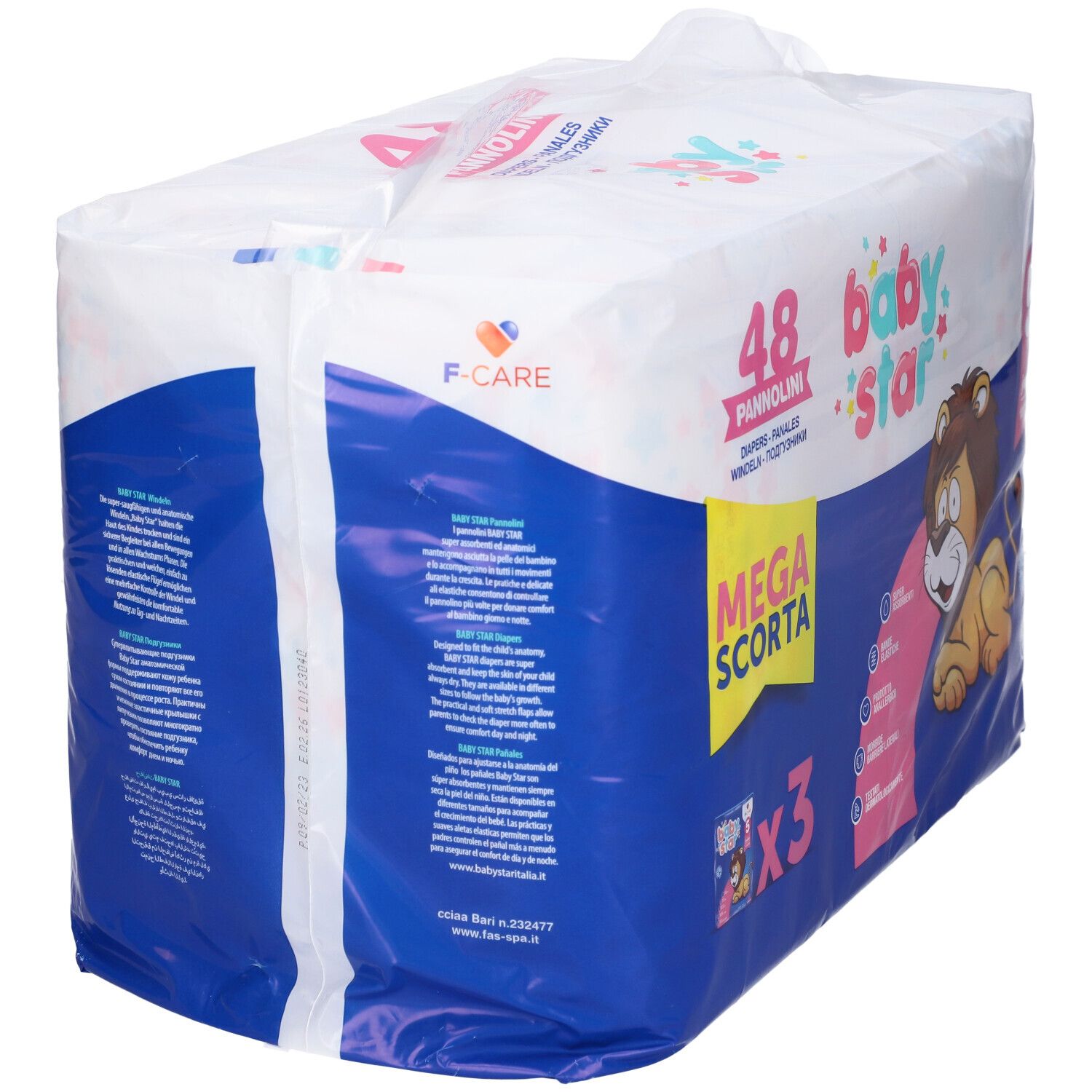 Confezione di pannolini da 48 pezzi. Scritto: Baby Star, Mega Scorta. Retro con informazioni sul prodotto e logo F-CARE.