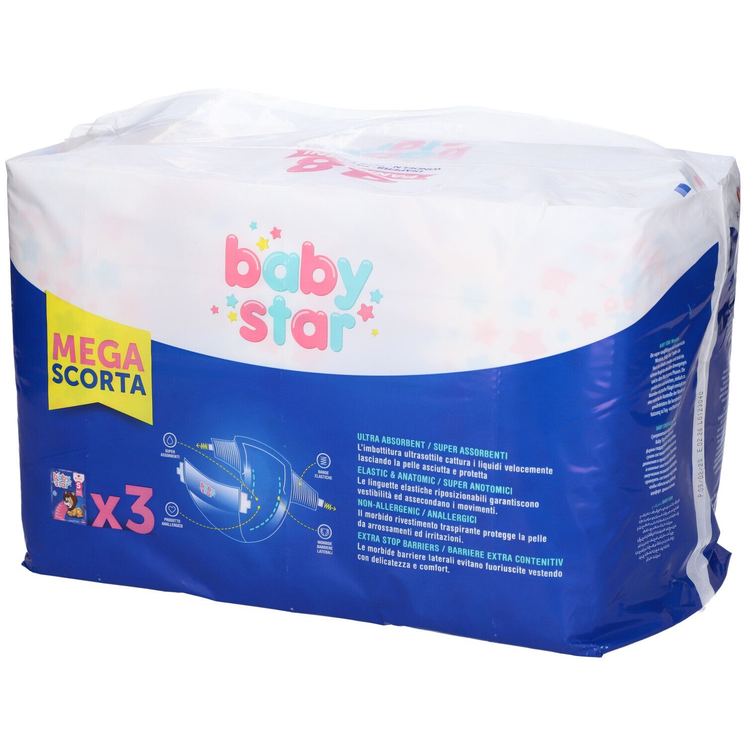 Confezione di pannolini da 48 pezzi. Scritto: Baby Star, Mega Scorta. Confezione blu con caratteristiche del prodotto.