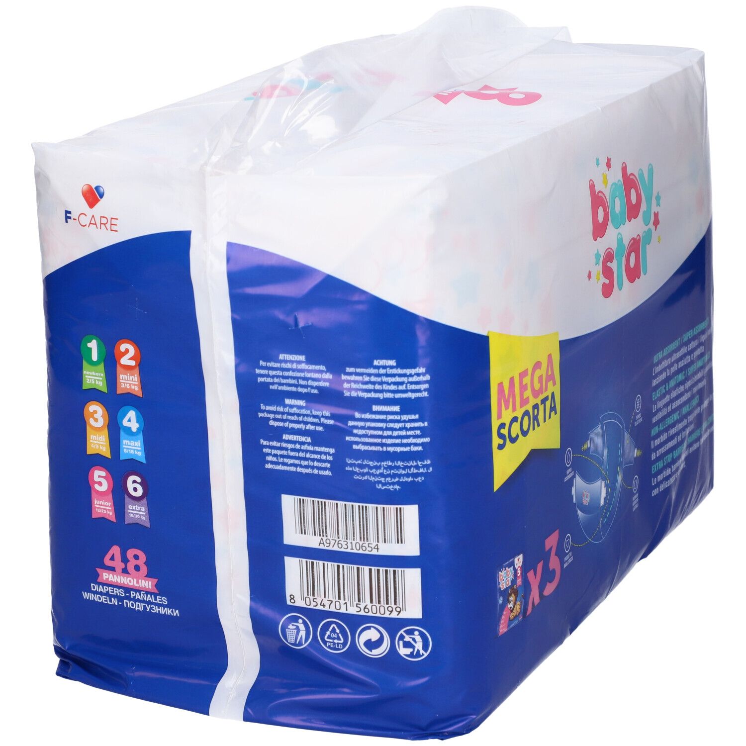 Confezione di pannolini da 48 pezzi. Scritto: Baby Star, Mega Scorta. Indicazioni taglie 1-6. Logo F-CARE.