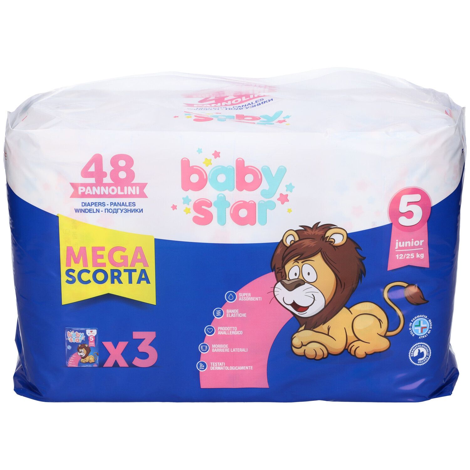 Confezione di pannolini da 48 pezzi. Scritto: Baby Star, Mega Scorta, taglia 5, Junior, 12/25 kg. Illustrazione di un leone.