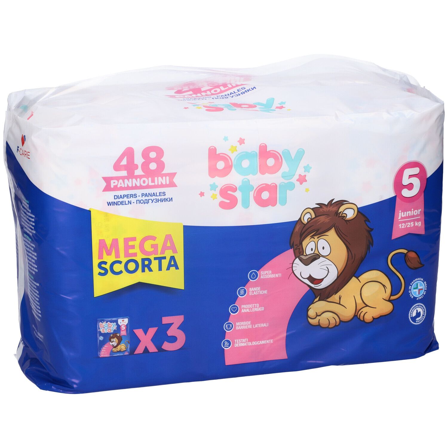 Confezione di pannolini da 48 pezzi. Scritto: Baby Star, Mega Scorta, taglia 5, Junior, 12/25 kg. Illustrazione di un leone.