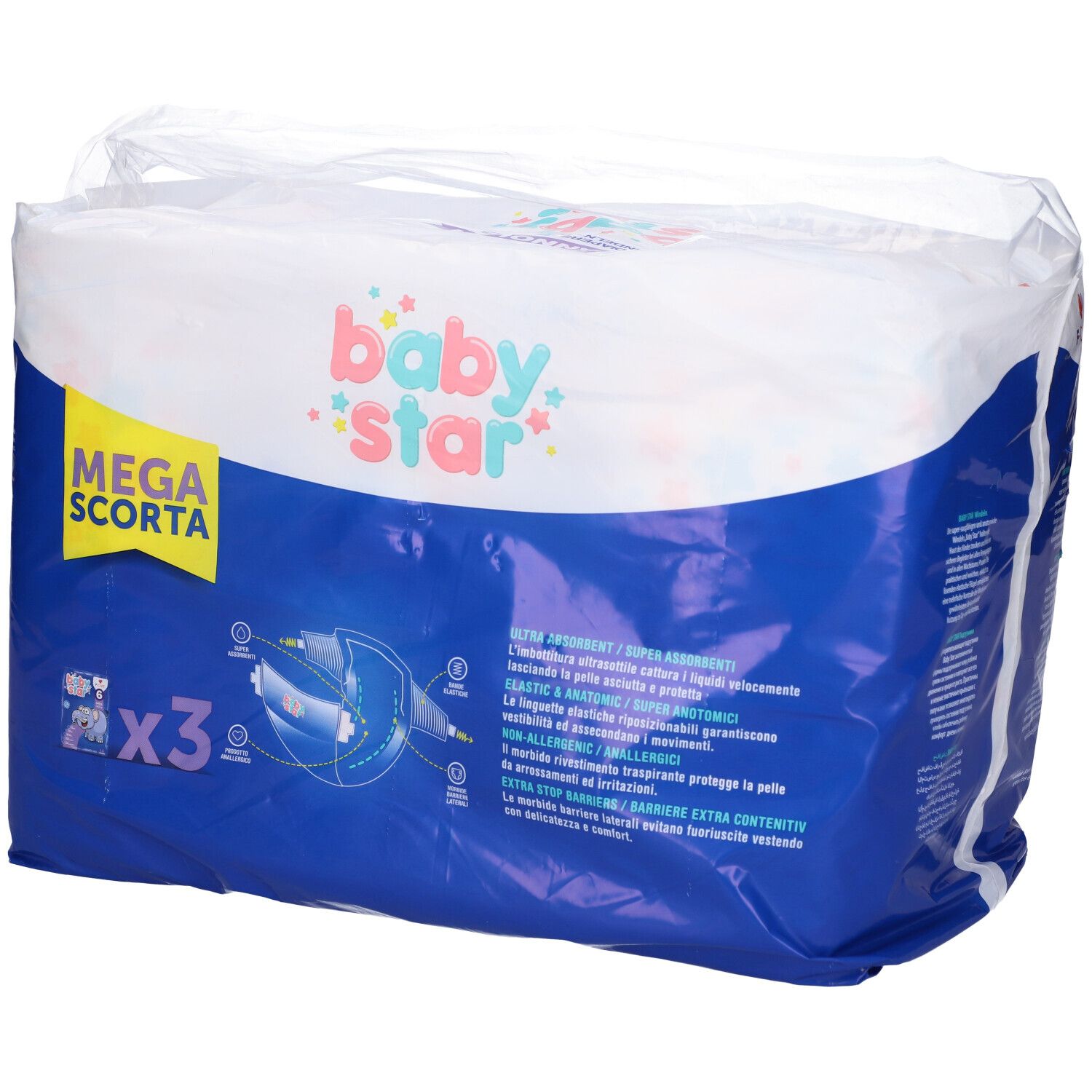 Confezione di pannolini Babystar Taglia 6, 42 pezzi. Confezione blu con caratteristiche e illustrazione.