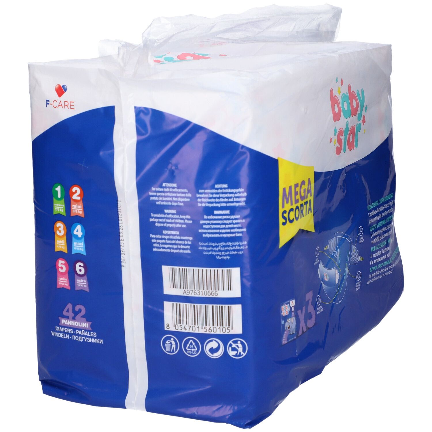 Confezione di pannolini Babystar Taglia 6, 42 pezzi. Confezione blu con indicazioni taglie e informazioni.