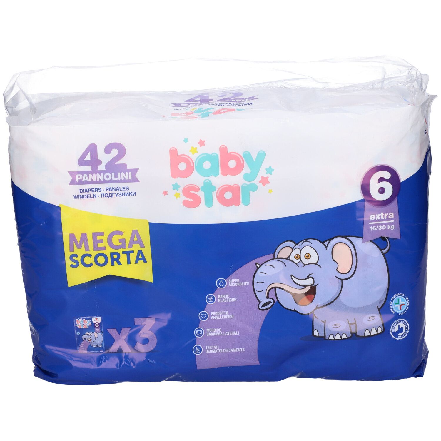 Confezione di pannolini Babystar Taglia 6, 42 pezzi. Confezione blu con illustrazione elefante e informazioni.