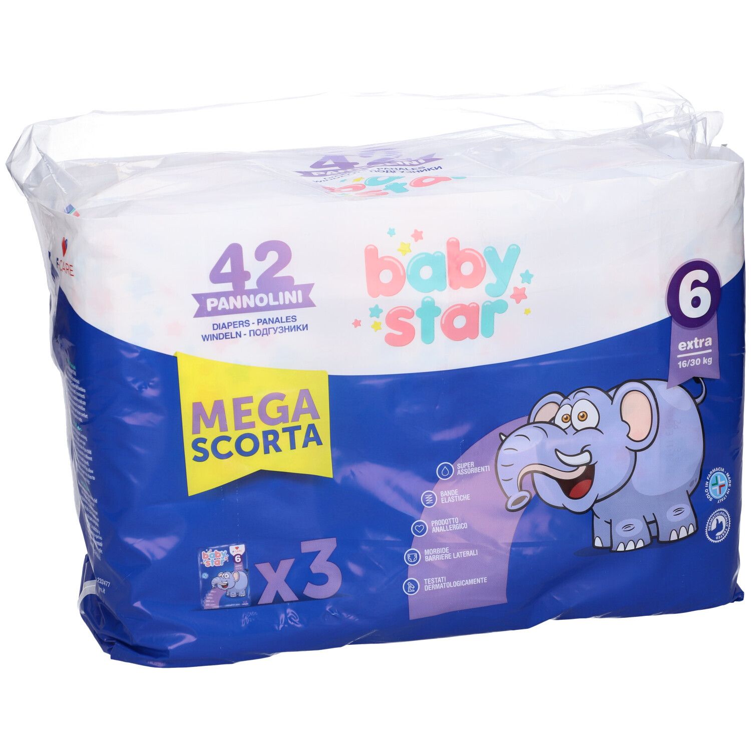 Confezione di pannolini Babystar Taglia 6, 42 pezzi. Confezione blu con illustrazione elefante e informazioni.