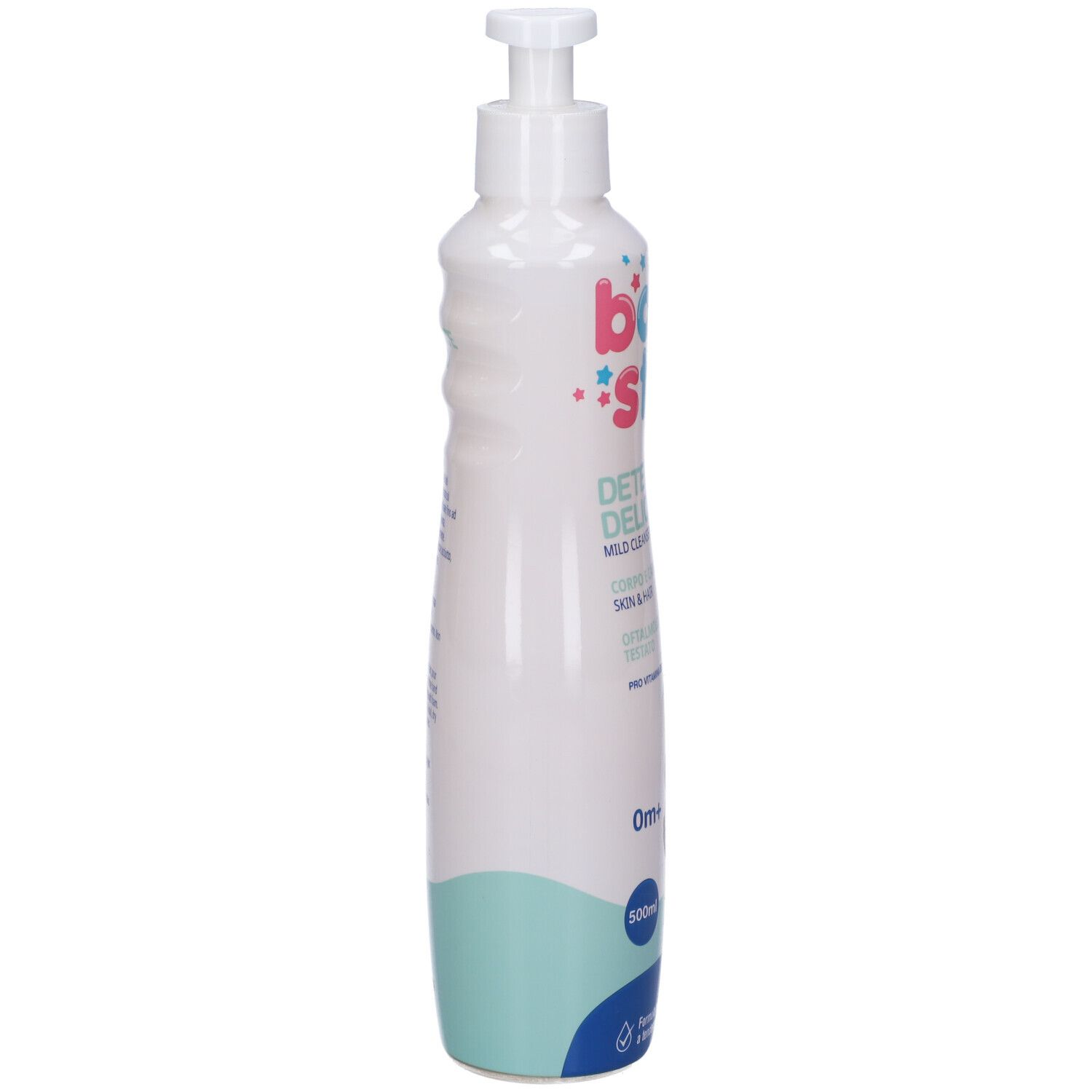 Flacone bianco con dosatore a pompa. Scritta: Babystar, Detergente Delicato, 2 in 1, 500ml. Vista laterale.