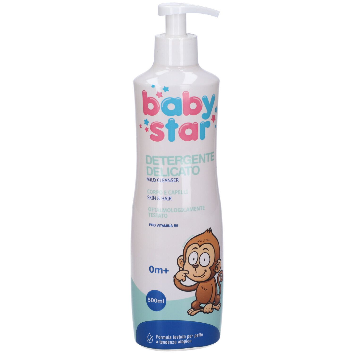 Flacone bianco con dosatore a pompa. Scritta: Babystar, Detergente Delicato, 2 in 1, 500ml. Immagine di una scimmia.
