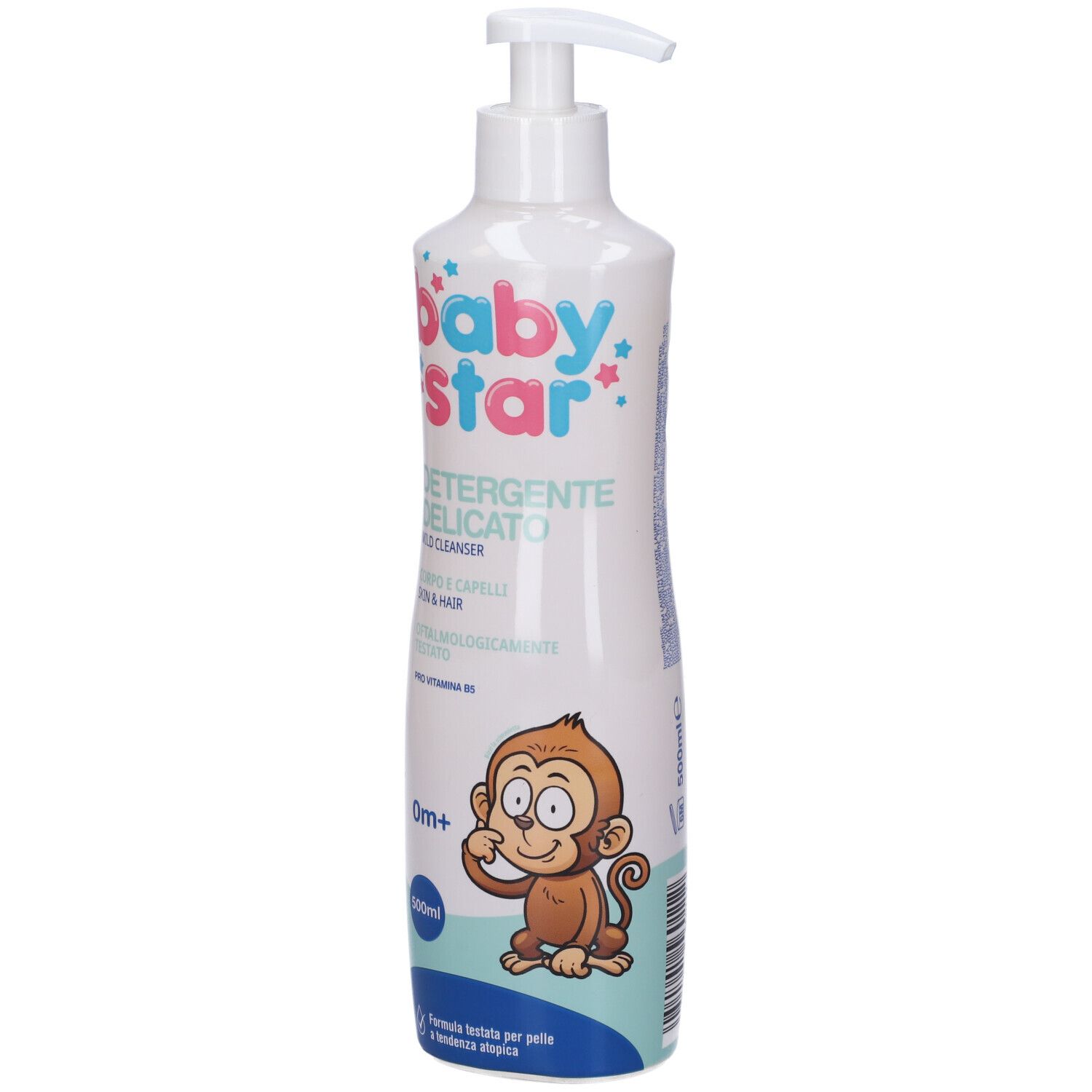 Flacone bianco con dosatore a pompa. Scritta: Babystar, Detergente Delicato, 2 in 1, 500ml. Immagine di una scimmia.