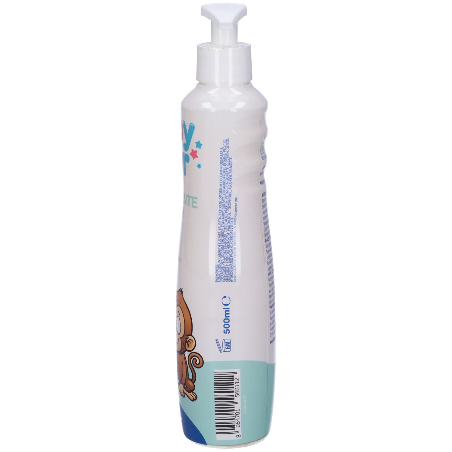 Flacone bianco con dosatore a pompa. Scritta: Babystar, Detergente Delicato, 500ml. Vista laterale con codice a barre.