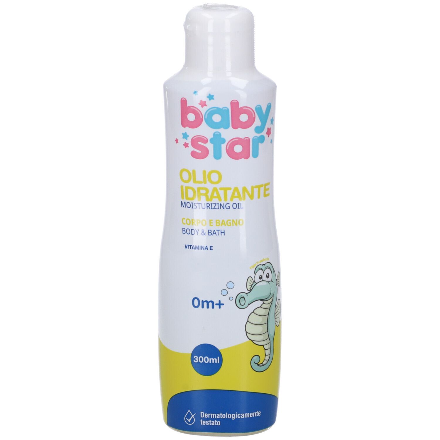 Flacone bianco con logo Babystar, illustrazione di cavalluccio marino e testo. Contiene Olio Idratante, olio corpo e bagno.