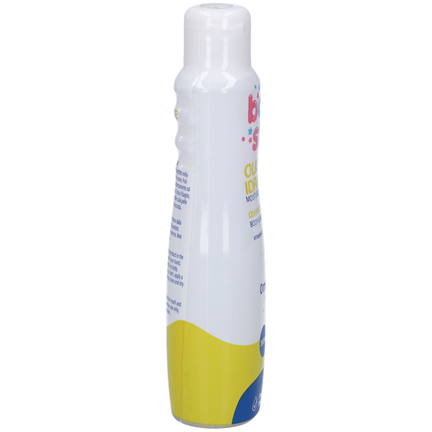 Flacone bianco, zona gialla e blu. Testo e informazioni sul retro. Contiene Olio Idratante.