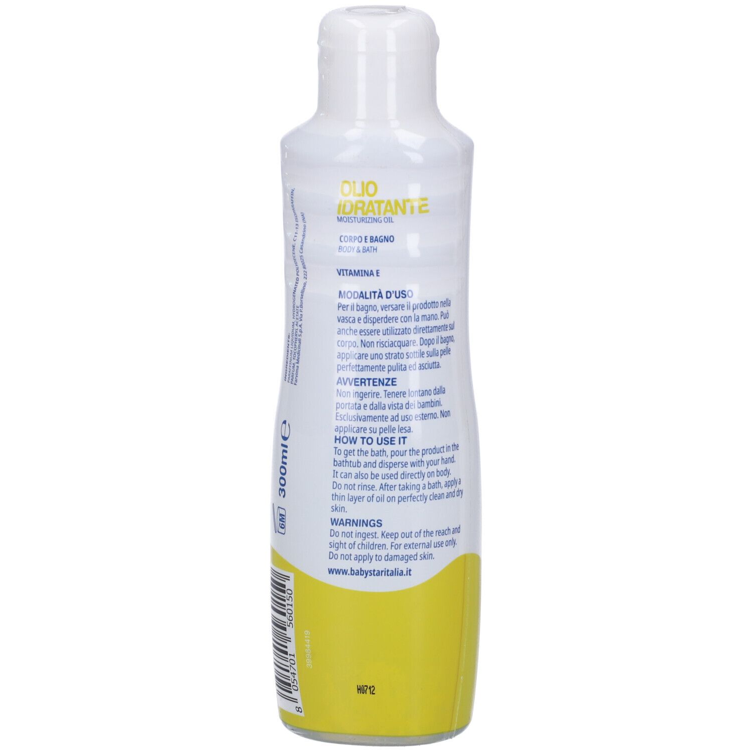 Retro del flacone bianco. Testo e informazioni. Contiene Olio Idratante, olio corpo e bagno. Istruzioni per l'uso.
