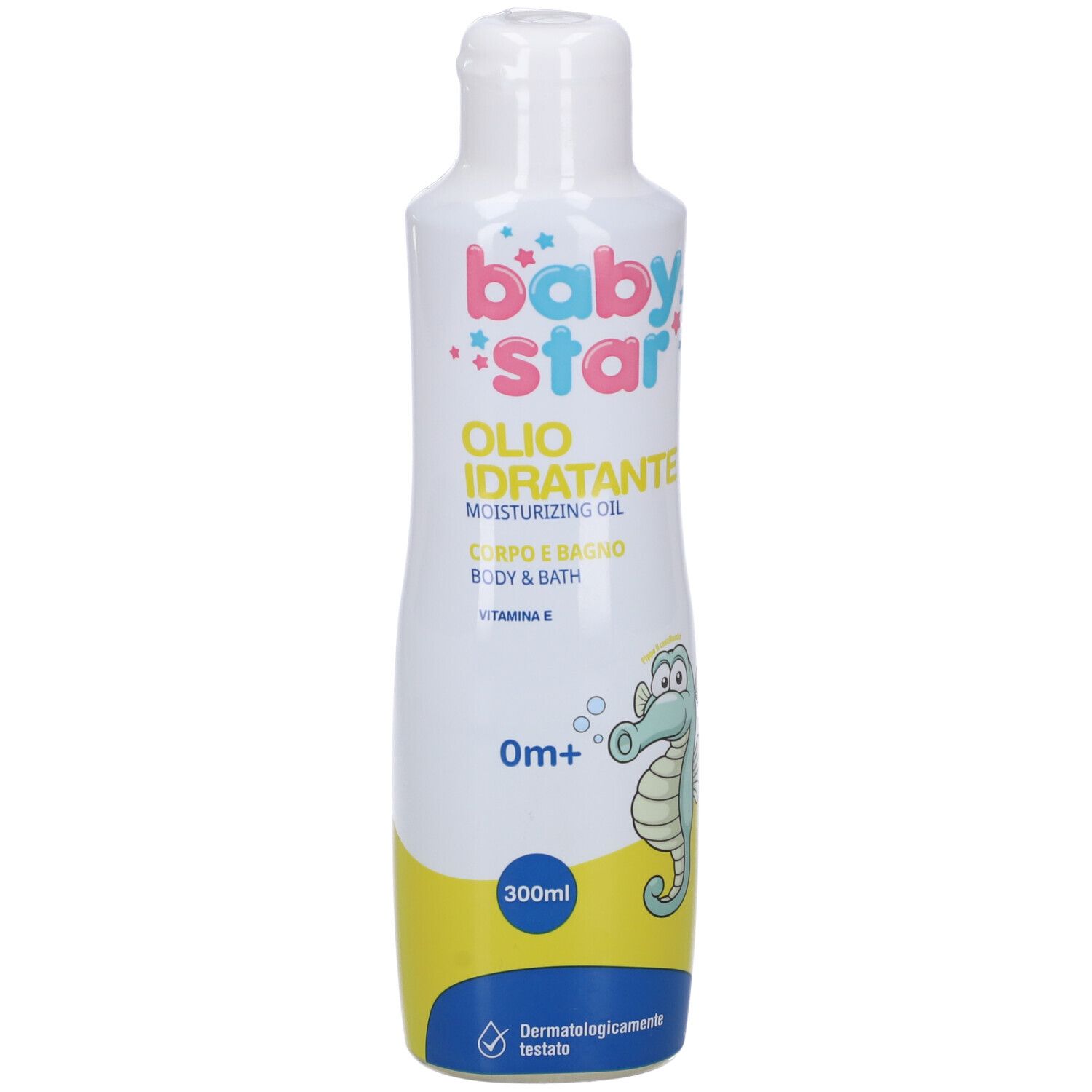 Flacone bianco con logo Babystar, illustrazione di cavalluccio marino e testo. Contiene Olio Idratante, olio corpo e bagno.