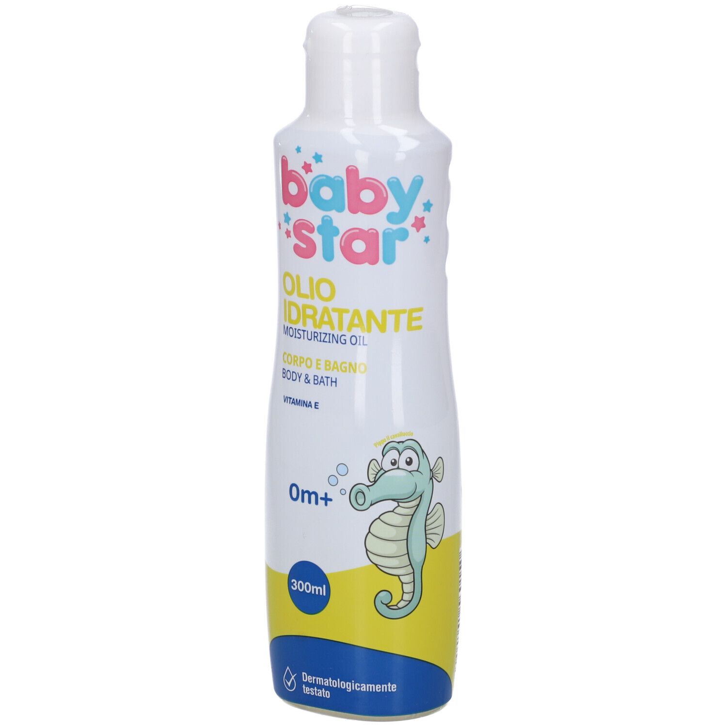 Flacone bianco con logo Babystar, illustrazione di cavalluccio marino e testo. Contiene Olio Idratante, olio corpo e bagno.