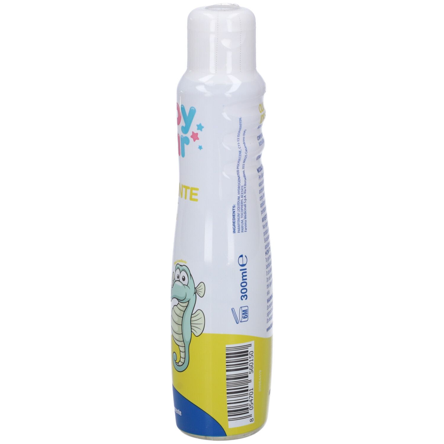 Flacone bianco, zona gialla con testo e informazioni. Contiene Olio Idratante, olio corpo e bagno.