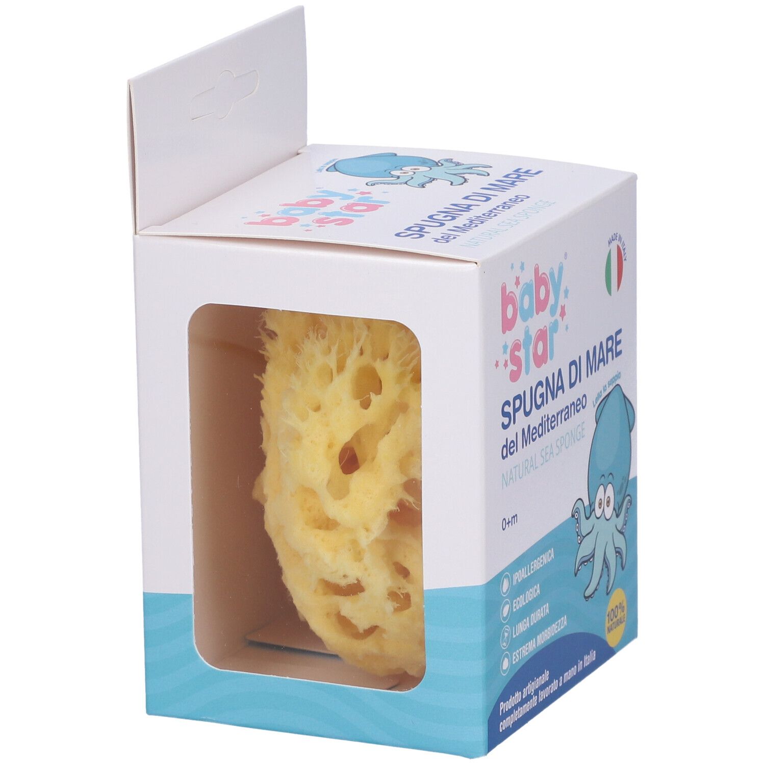Spugna di mare gialla in confezione aperta. Scritte: Babystar, Spugna di Mare, 0+m, spugna naturale.