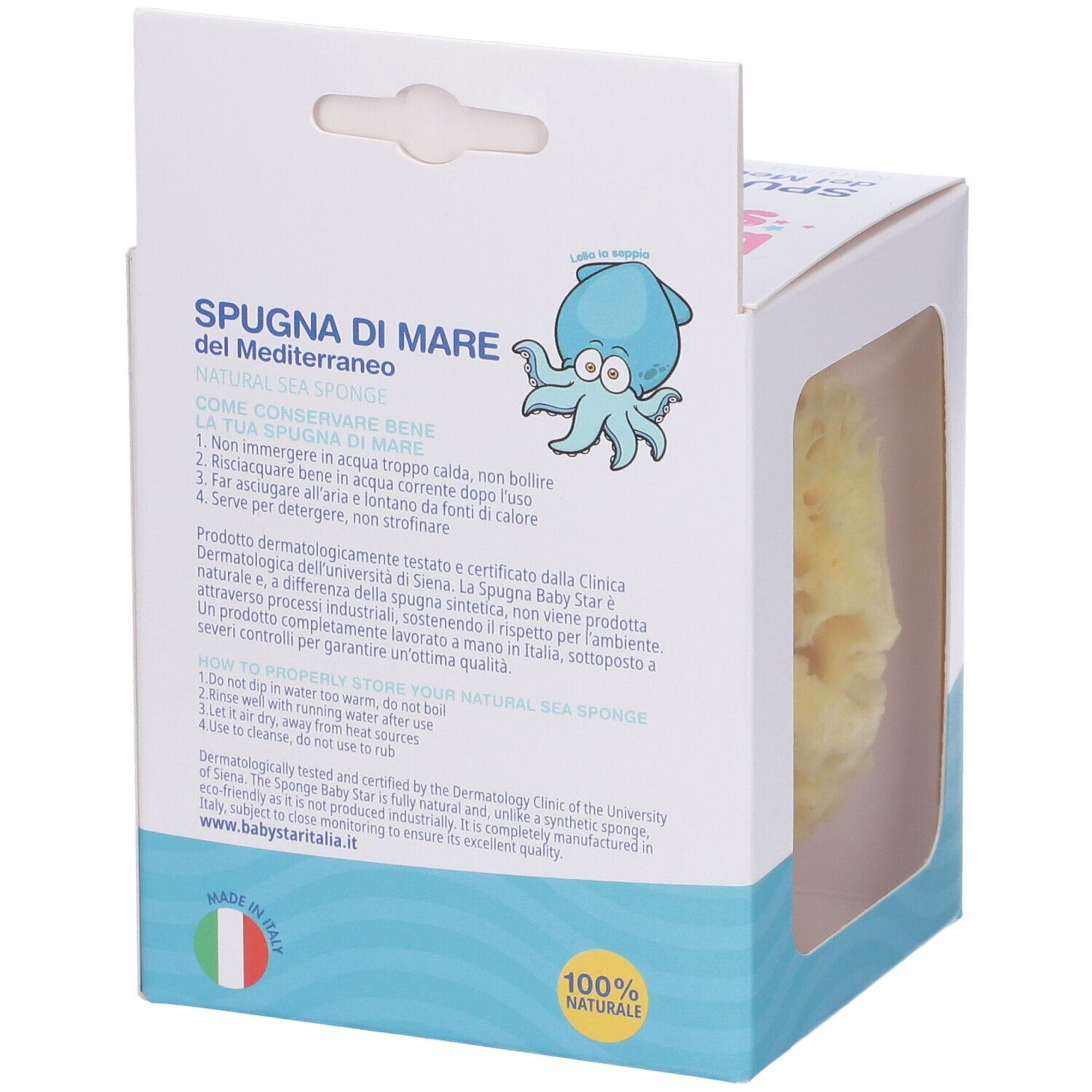 Retro confezione. Testo: Spugna di Mare, istruzioni per l'uso, 100% naturale, made in Italy.