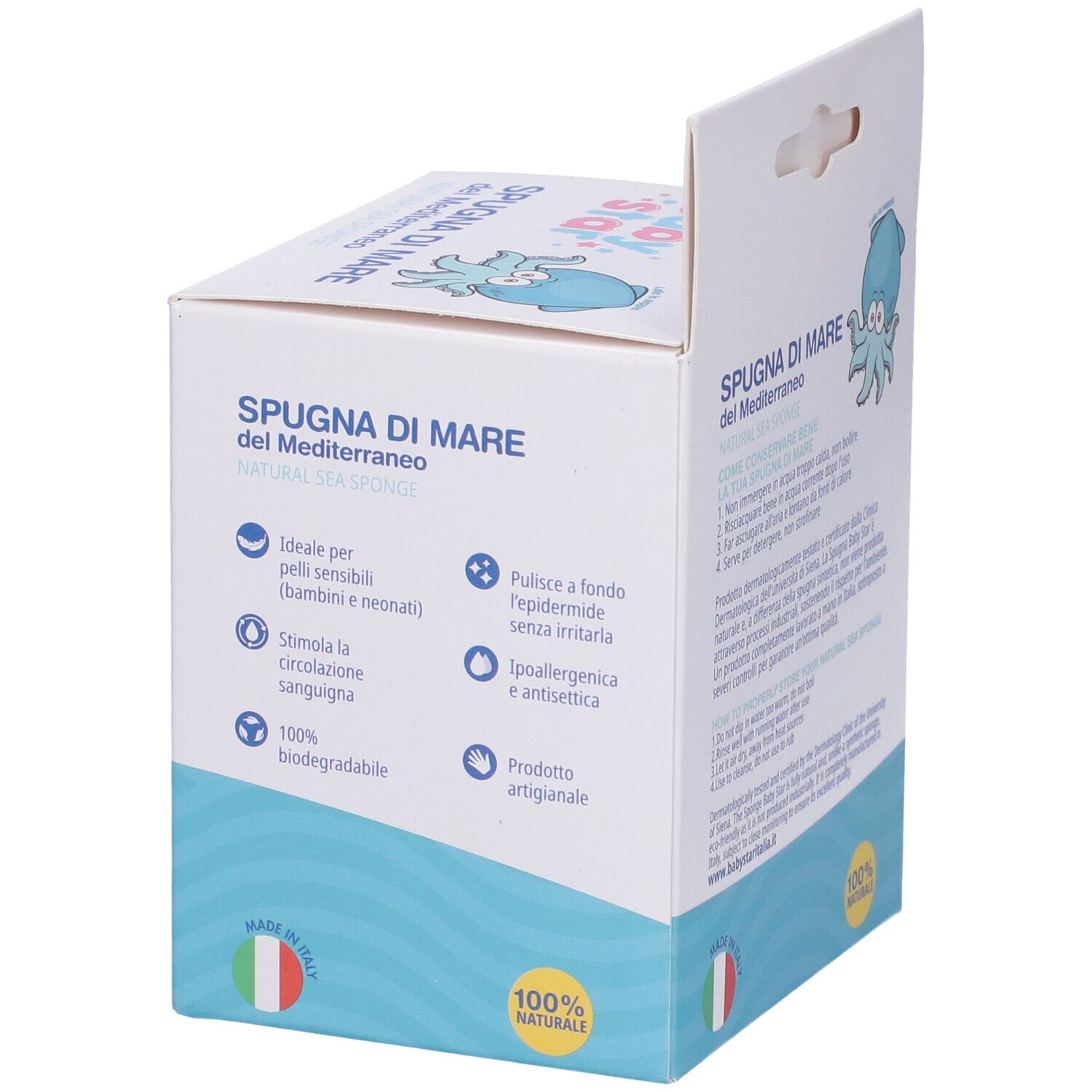 Lato confezione. Testo: Spugna di Mare, ideale pelli sensibili, 100% biodegradabile.