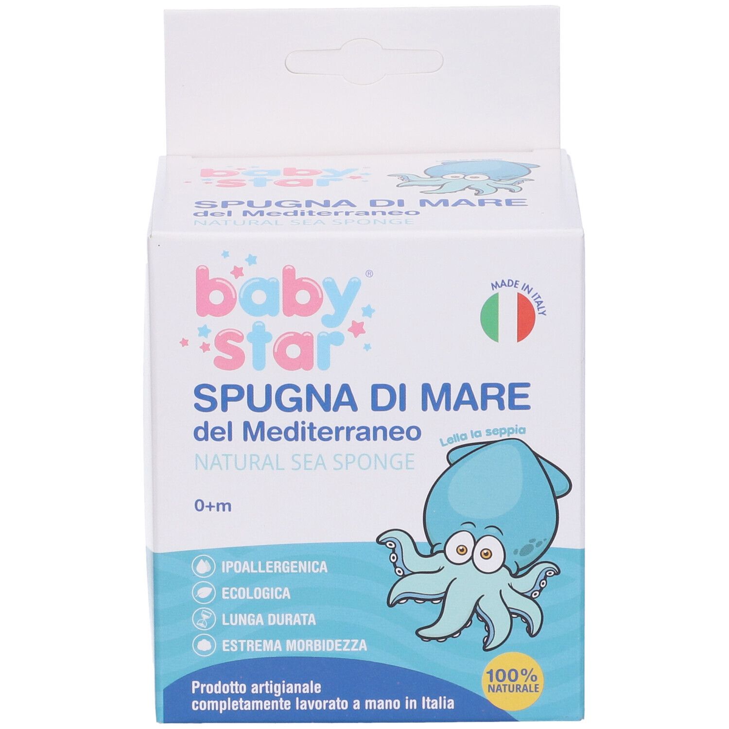 Vista frontale confezione. Testo: Babystar, Spugna di Mare, 0+m, illustrazione polpo.