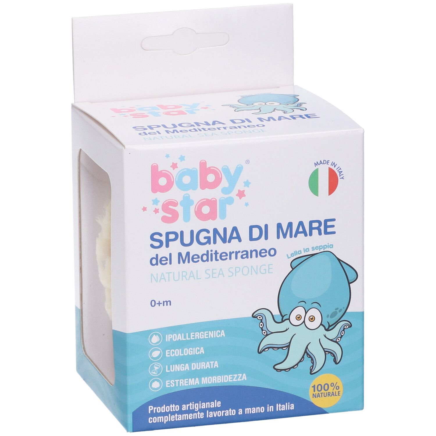 Spugna di mare nella confezione. Scritte: Babystar, Spugna di Mare, 0+m, spugna naturale.
