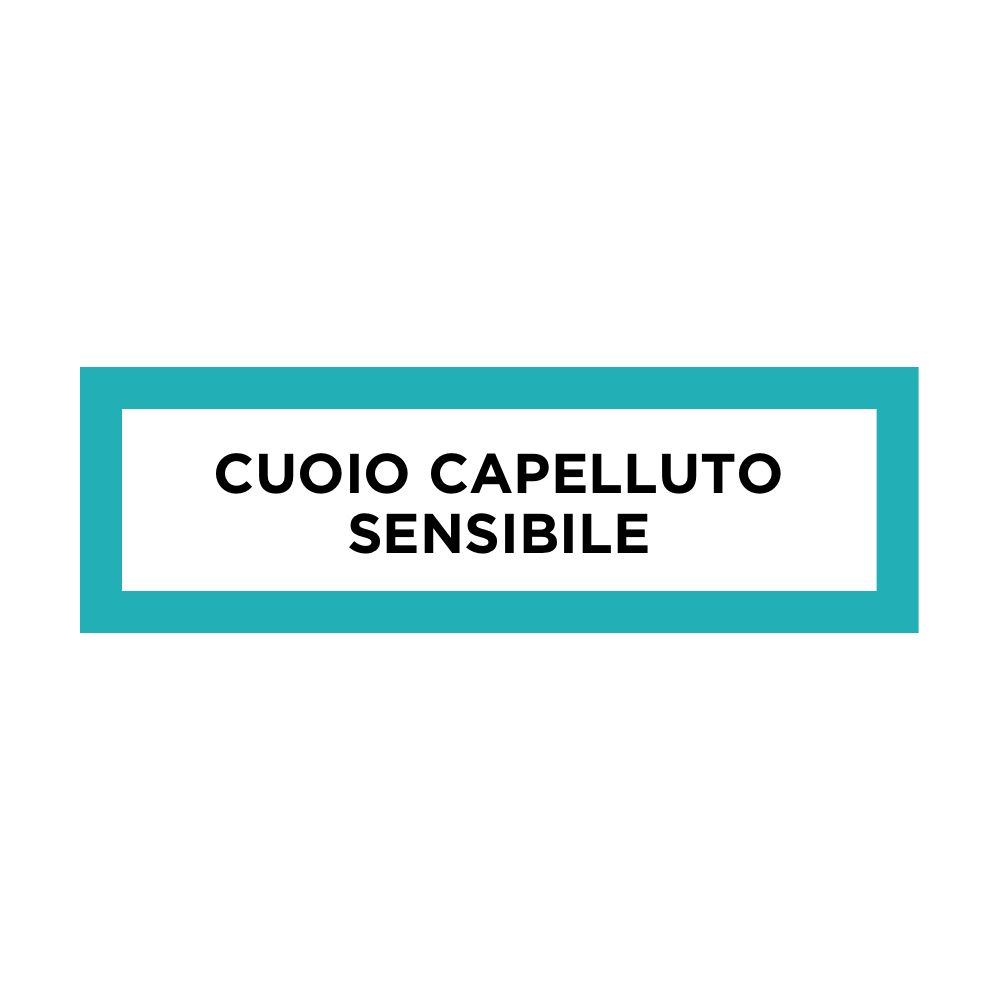 Cartello rettangolare con cornice turchese. Testo: CUOIO CAPELLUTO SENSIBILE.