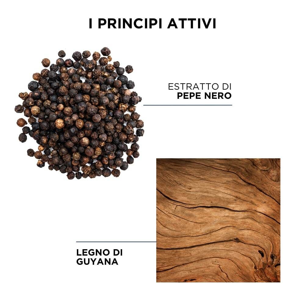 Immagine di grani di pepe e legno. Scritta: Estratto di Pepe Nero (estratto di pepe nero) e Legno di Guyana.