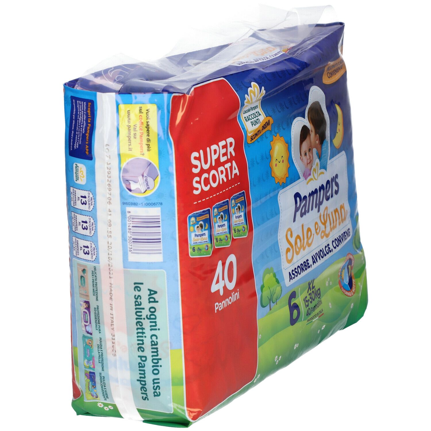 Pampers Sole e Luna Extralarge, confezione. 40 pannolini. Taglia XL. Vista laterale della confezione con disegni sole e luna.