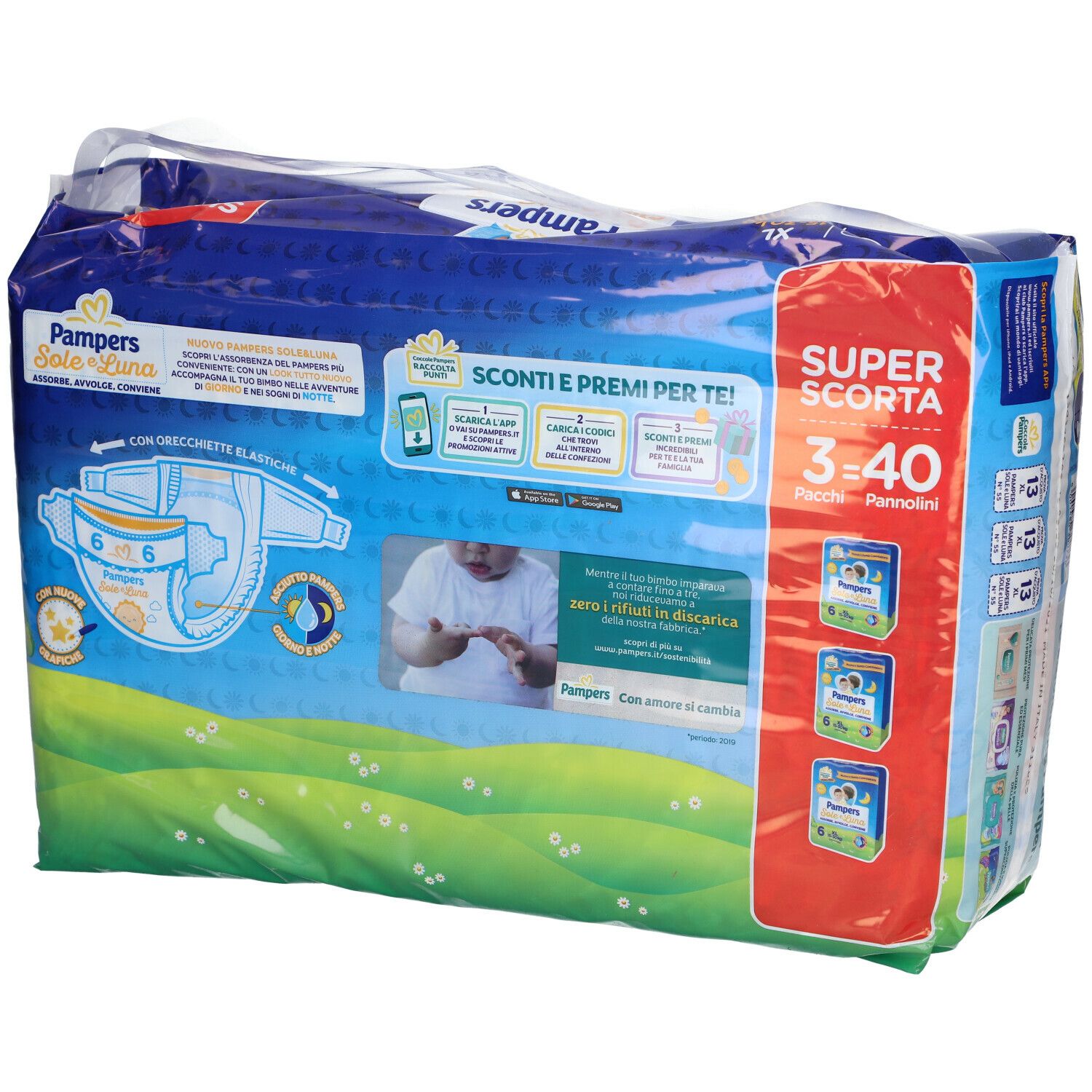 Pampers Sole e Luna Extralarge, confezione da 40 pannolini. Taglia XL. Dettaglio della confezione con disegni sole e luna.