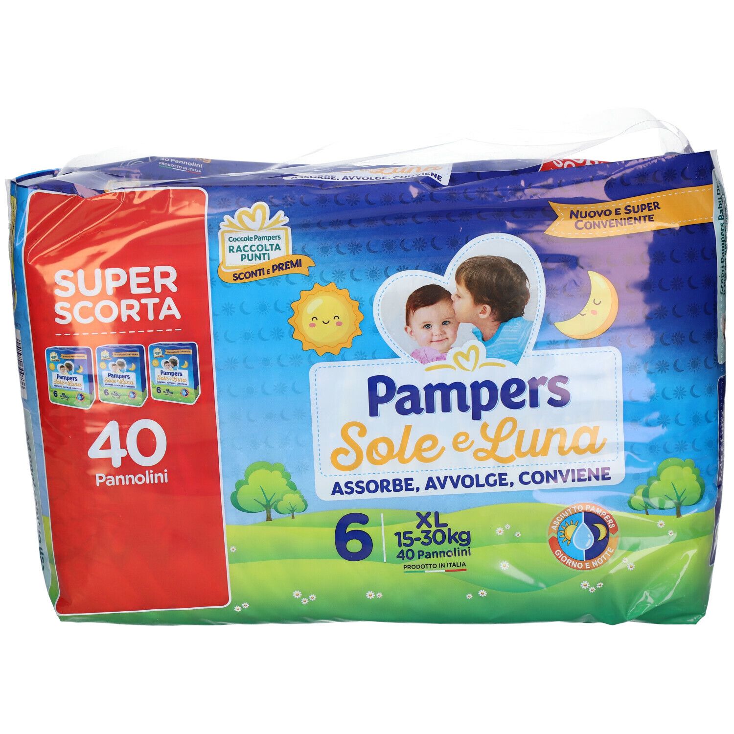 Pampers Sole e Luna Extralarge, confezione da 40 pannolini. Taglia XL, 15-30kg. Confezione con disegni sole e luna.
