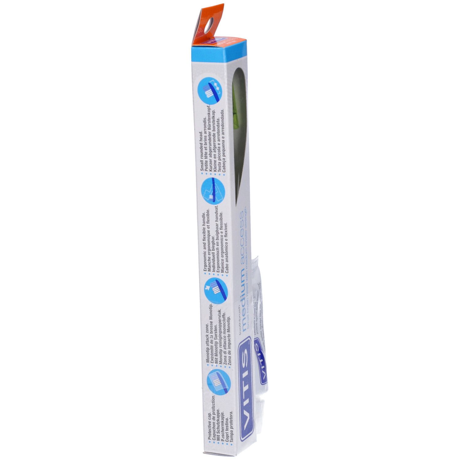 Confezione con spazzolino e dentifricio. Marchio VITIS, modello medium access. Retro con testo.