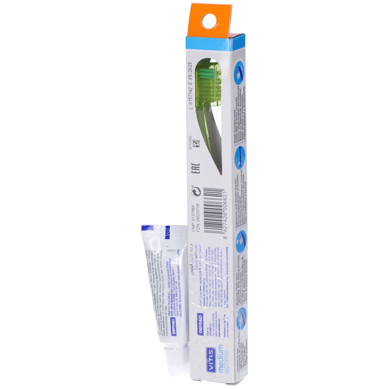 Confezione con spazzolino e dentifricio. Marchio VITIS, modello medium access. Retro con testo.