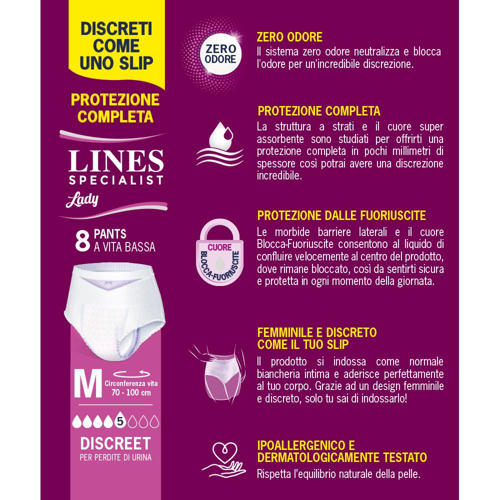 Informazioni testuali su Lines Specialist Lady Pants Discreet M. Descrizione delle caratteristiche e dei vantaggi del prodotto.