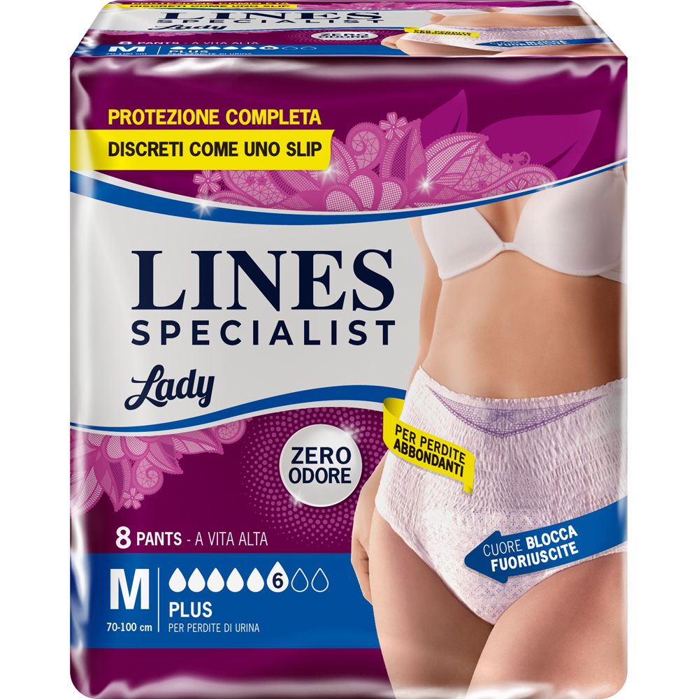 Confezione di Lines Specialist Lady Pants Lady Plus M. Design rosa e bianco, immagine del prodotto, taglia M, 8 pezzi.