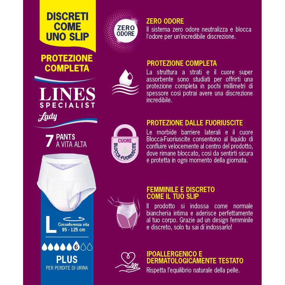 Informazioni testuali su Lines Specialist Lady Pants. Protezione, Zero Odore, anti-fuoriuscite, discreto.