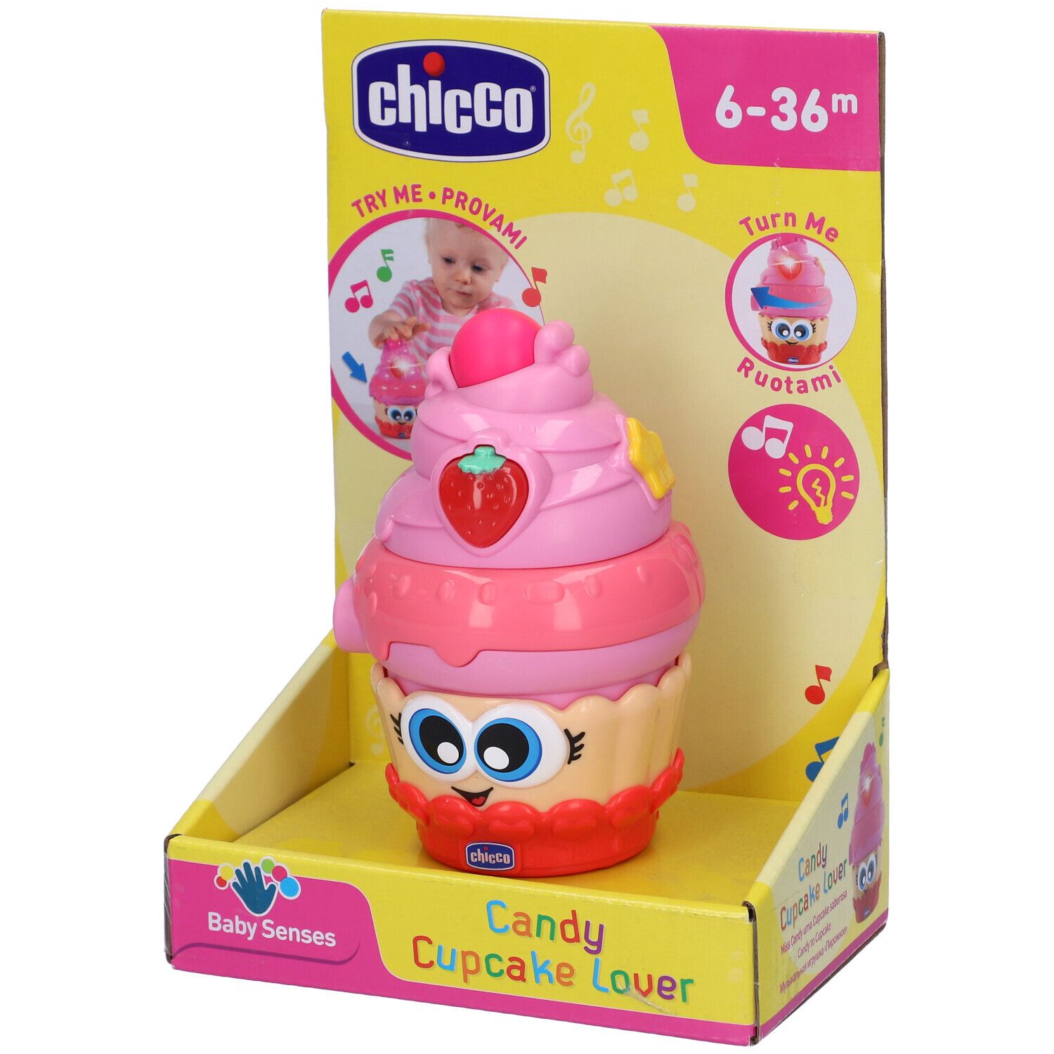 Chicco BabySenses Candy Cupcake Lover. Giocattolo cupcake rosa in confezione. Fragola, occhi, orecchie. Età: 6-36 mesi.