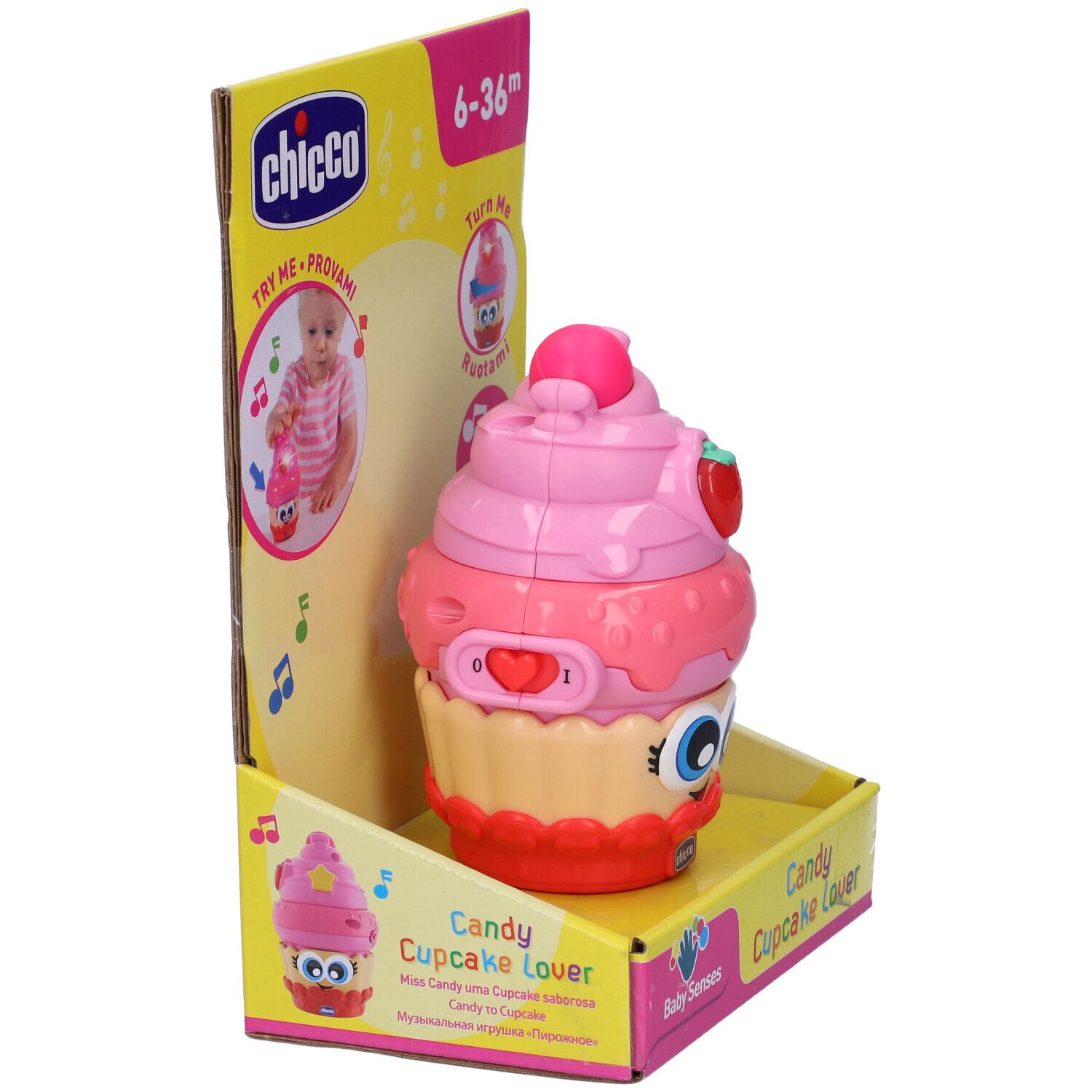 Chicco BabySenses Candy Cupcake Lover. Giocattolo cupcake rosa in confezione. Fragola, occhi, orecchie. Età: 6-36 mesi.