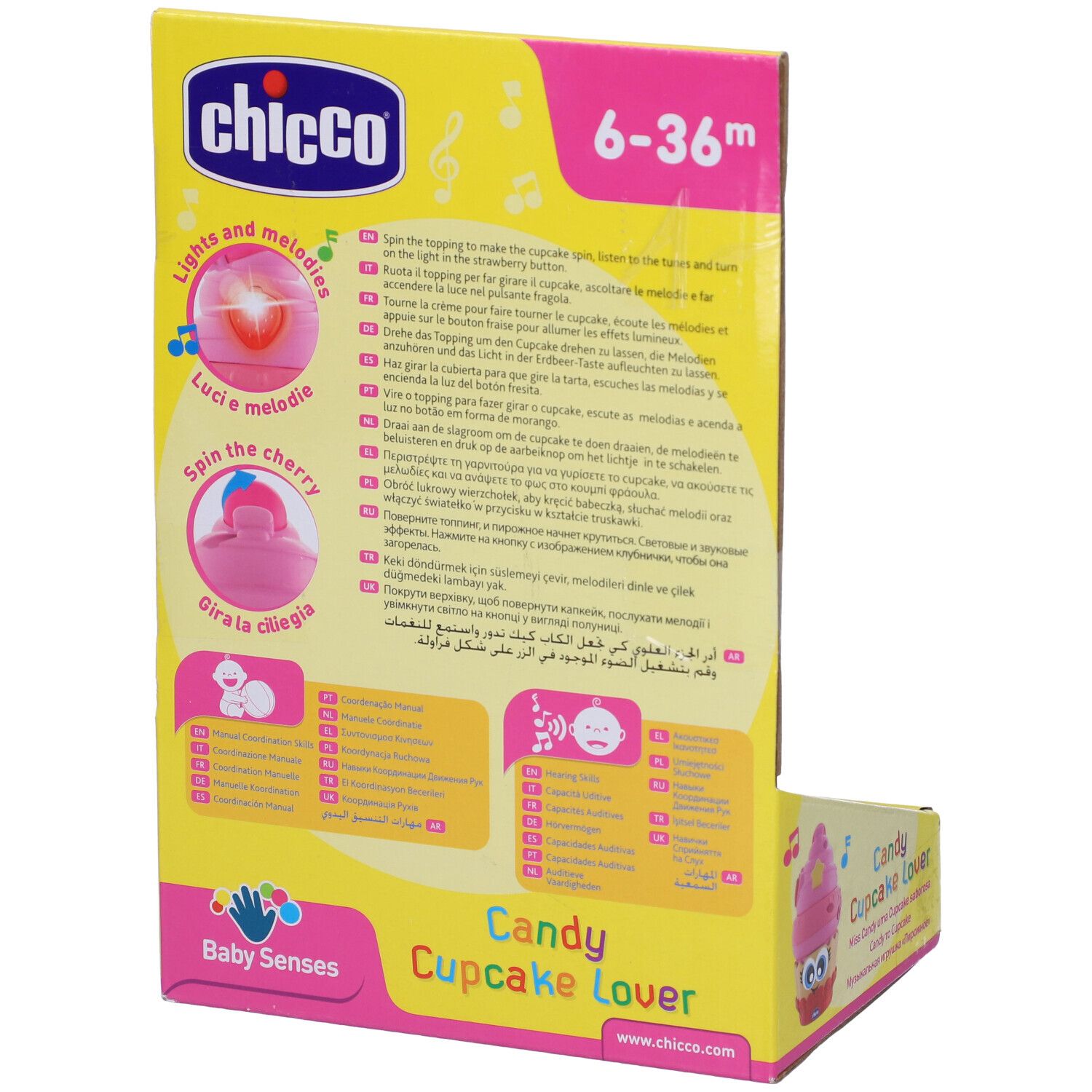 Retro della confezione. Chicco BabySenses Candy Cupcake Lover. Testo multilingue. Età: 6-36 mesi. Illustrazioni.