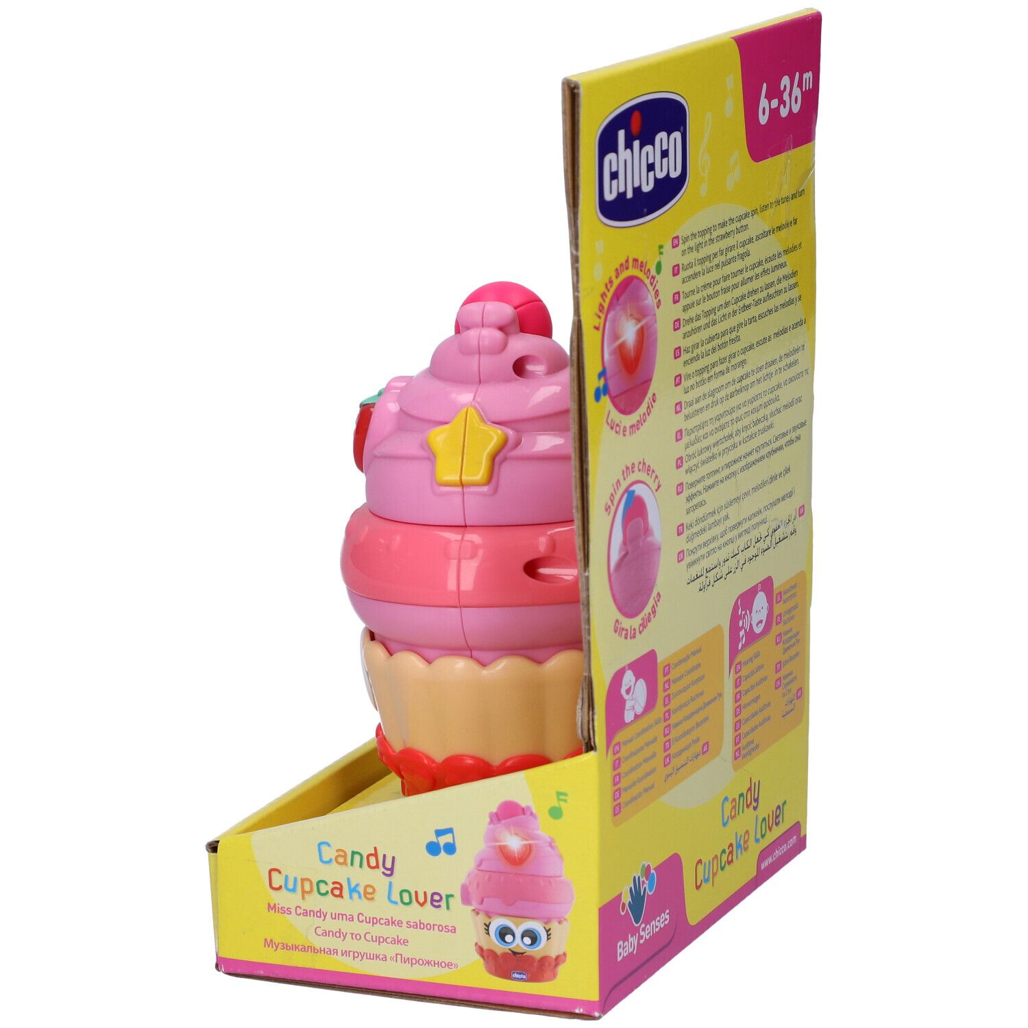 Chicco BabySenses Candy Cupcake Lover. Giocattolo cupcake rosa in confezione. Fragola, stella. Età: 6-36 mesi.