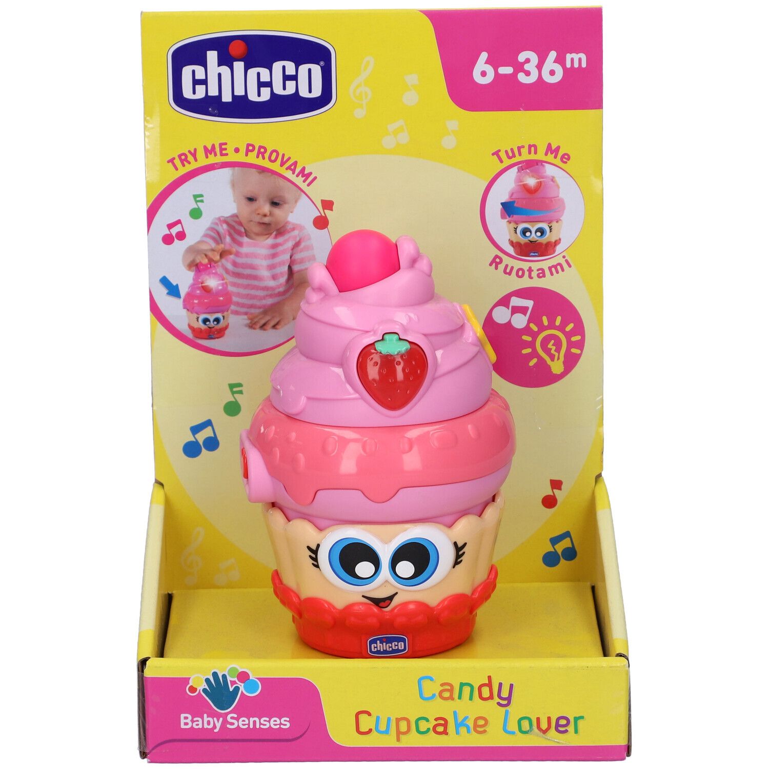 Chicco BabySenses Candy Cupcake Lover. Giocattolo cupcake rosa in confezione. Fragola, occhi, orecchie. Età: 6-36 mesi.