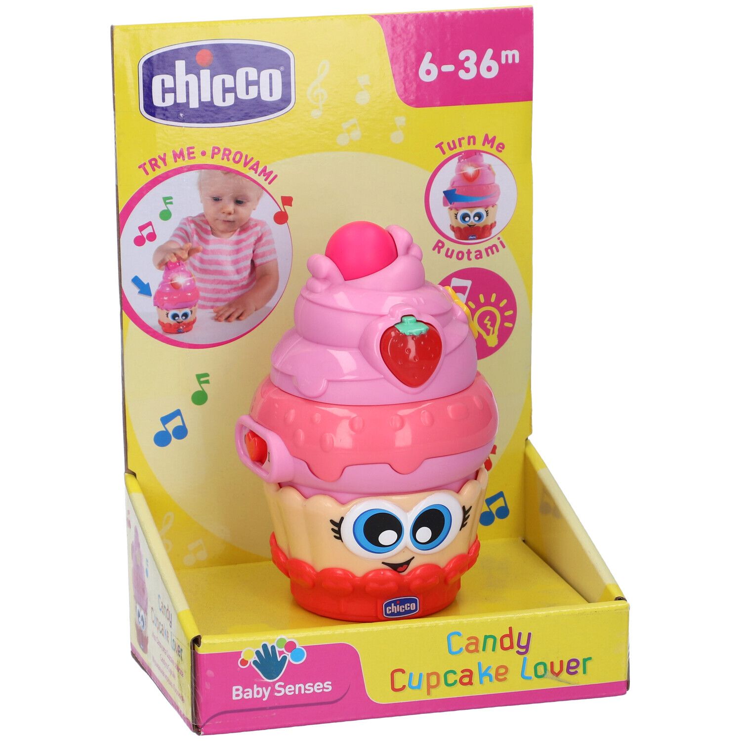 Chicco BabySenses Candy Cupcake Lover. Giocattolo cupcake rosa in confezione. Fragola, occhi, orecchie. Età: 6-36 mesi.