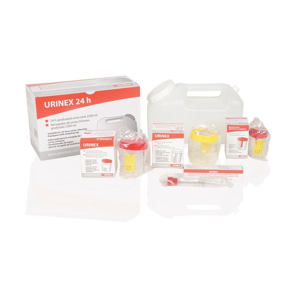 Diversi contenitori e accessori di varie dimensioni. Una confezione con il nome del prodotto URINEX 24 h.