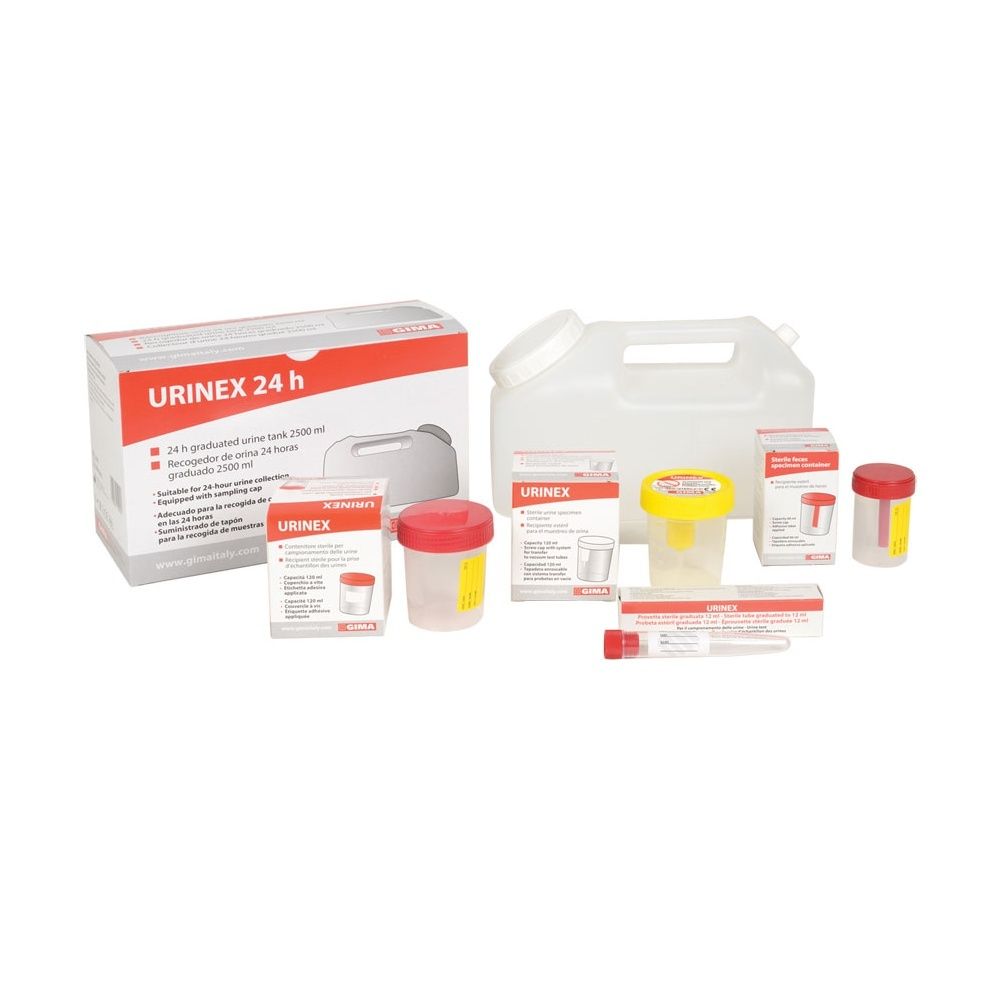 Diversi contenitori e accessori di varie dimensioni. Una confezione con il nome del prodotto URINEX 24 h.