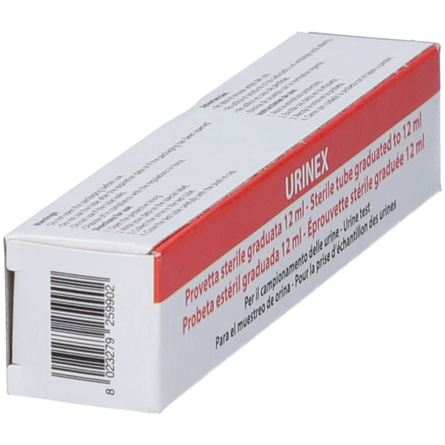 Confezione di provetta sterile graduata da 12 ml per urine, con scritta 'URINEX' e codice a barre.