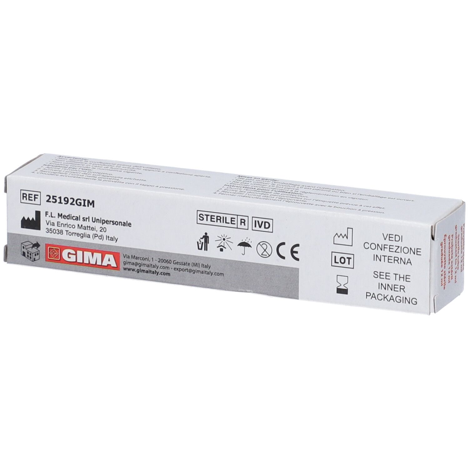 Confezione di provetta sterile per urine, REF 25192GIM, marca GIMA, e marcatura CE.