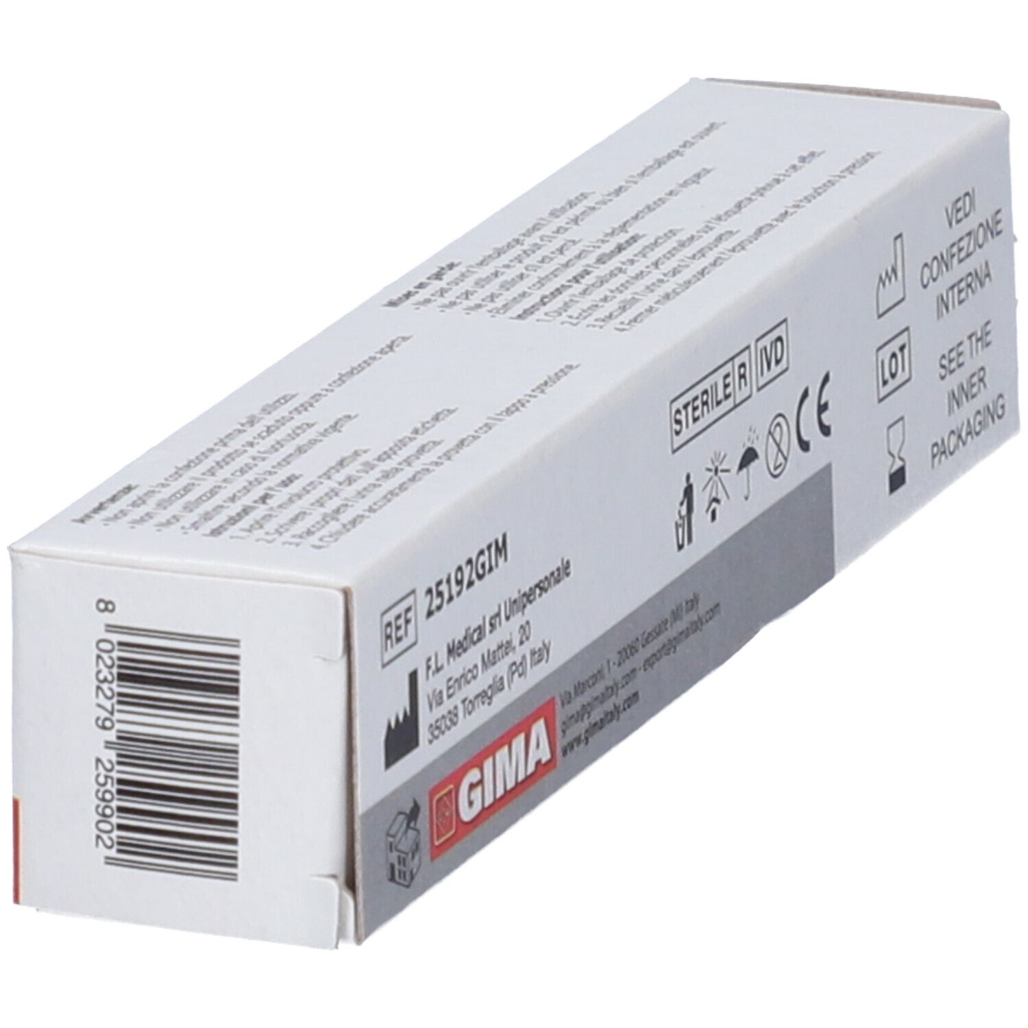Confezione di provetta sterile per urine, REF 25192GIM, marca GIMA, marcatura CE e codice a barre.