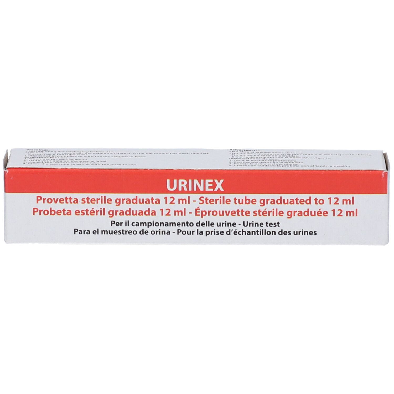 Confezione di provetta sterile graduata da 12 ml per urine, con scritta 'URINEX'.